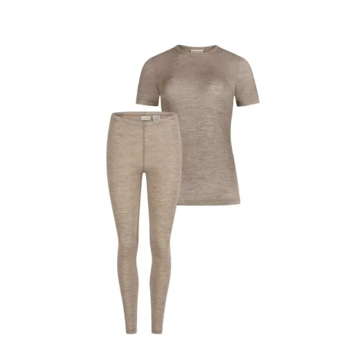 Damesæt I 100% Merino Uld, Kort Ærme Og Leggings, 1x1 Rib Beige Melange S