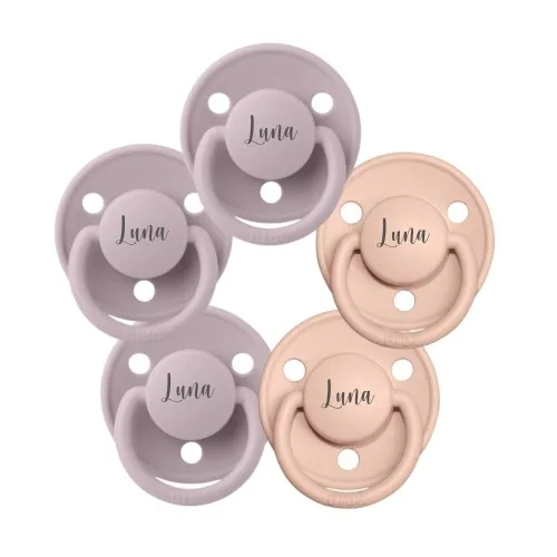 Bibs De Lux, Str. 1 (0-6 Mdr.) , Rund - Latex, Sutter Med Navn , 5-pak