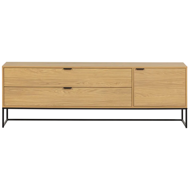 WOOOD Silas TV-bord, m. 2 låger, 1 låge, 1 hylde, 2 skuffer - egetræ melamin og sort metal (180x44)
