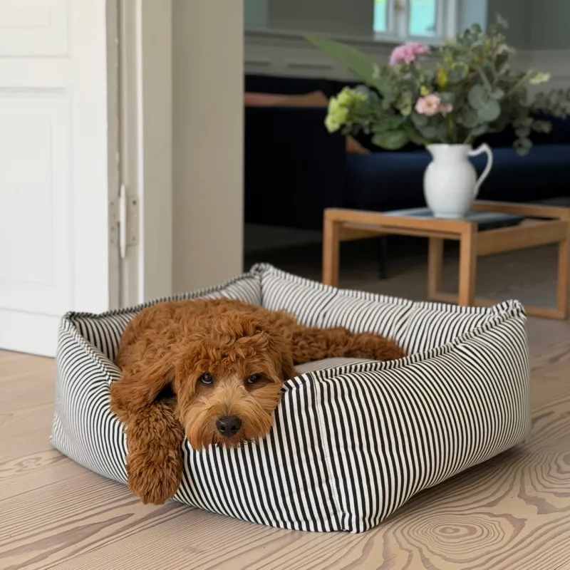 Anna hundekurven i sort & creme stribet