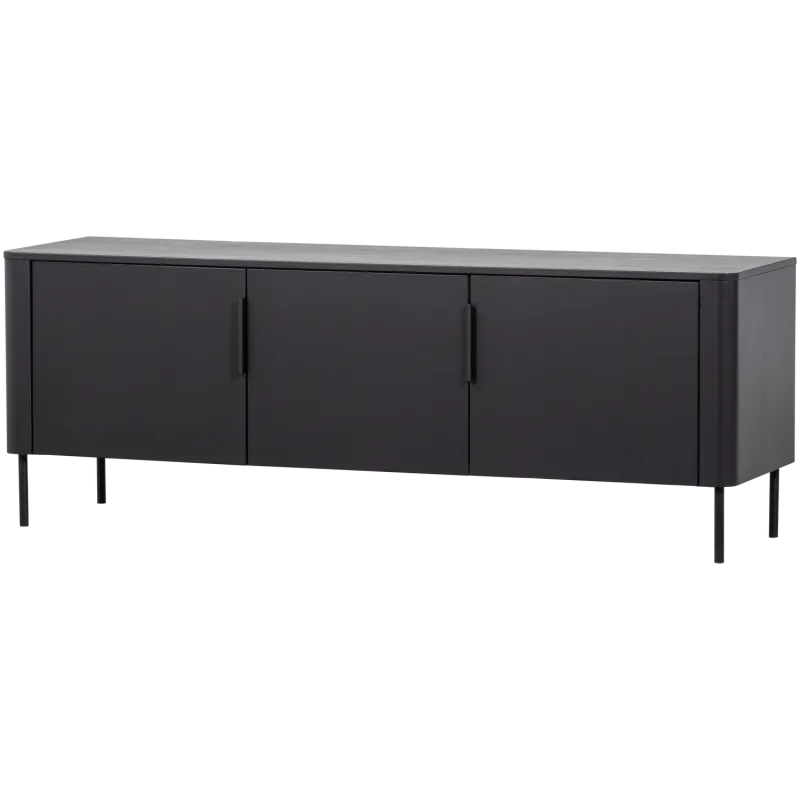 WOOOD Gunnar TV-bord, m. 3 låger og 2 hylder - matsort fyrretræ og metal (154x44)