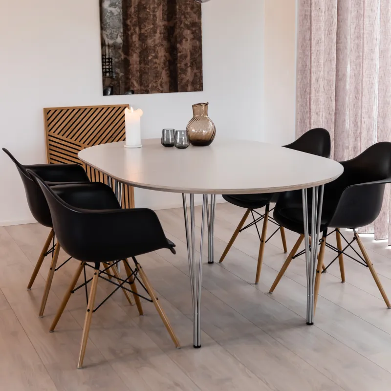 DT 100 - Rundt spisebord med 2 tillægsplader i hvid laminat, fire størrelser Bord med 2 tillægsplader, ø