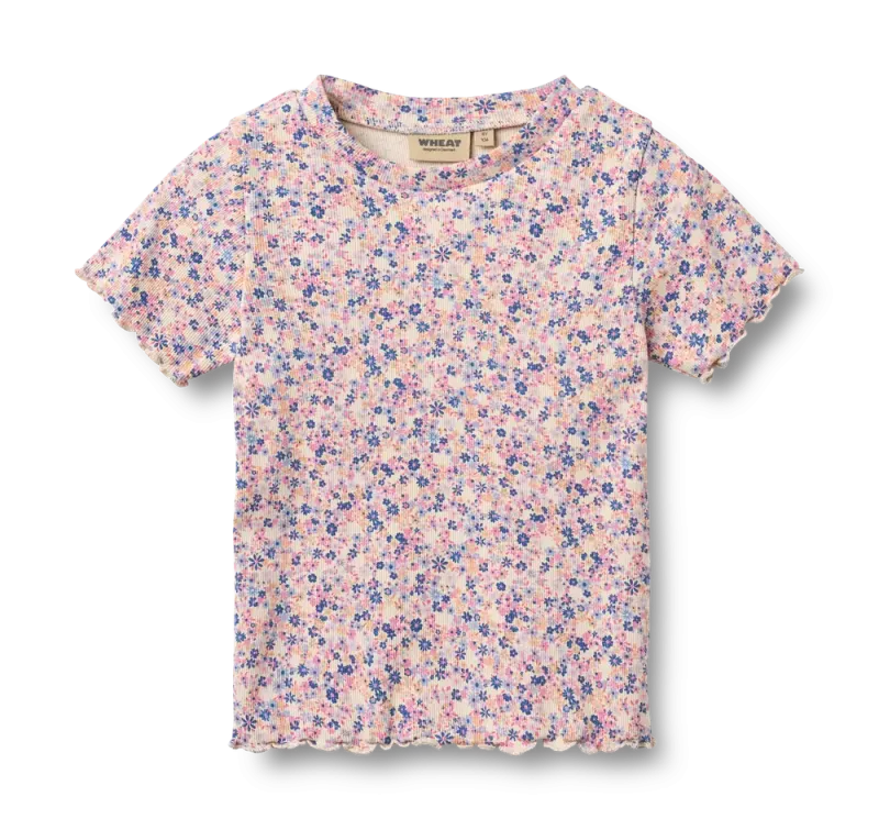 Alicia Rib T-Shirt - Pink Blue Flowers - 98