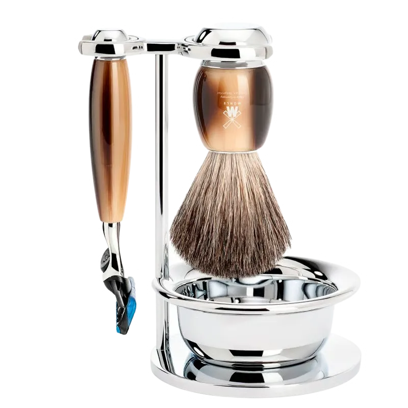 Mühle Barbersæt: Fusion Skaber, Pure Badger Barberkost, Holder og Skål, Vivo, Horn (1 sæt)