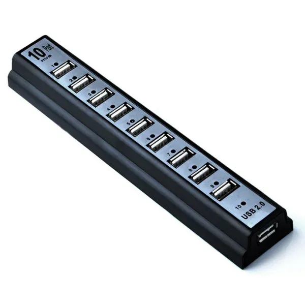 10-Ports USB 2.0 Hi-Speed Hub. Inkl strømforsyning. Sort