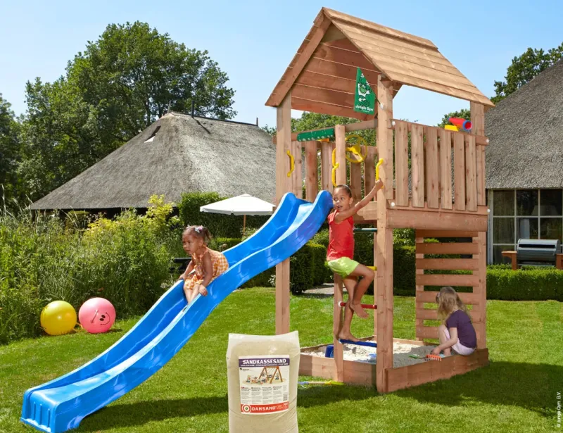 Jungle Gym - Legetårn Jungle Gym Cabin 2.1 m/blå rutsjebane og 120 kg sand