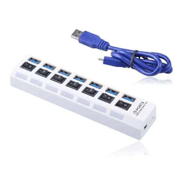 7-Ports USB 3.0 Hi-Speed Hub. Med On/Off knapper. Hvid.
