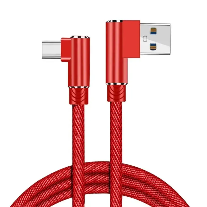 USB-C til USB-A Kabel  -  Flettet, Begge Stik Vinklet 90°, 3m (Rød)