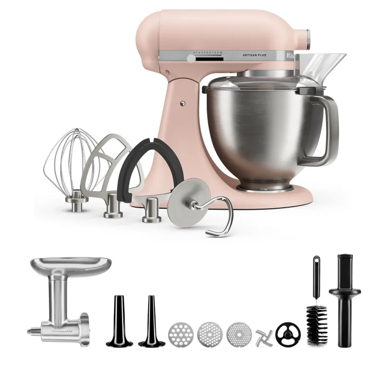 Kitchenaid Artisan Plus køkkenmaskine med kødkværn, 4,7 liter, feather pink