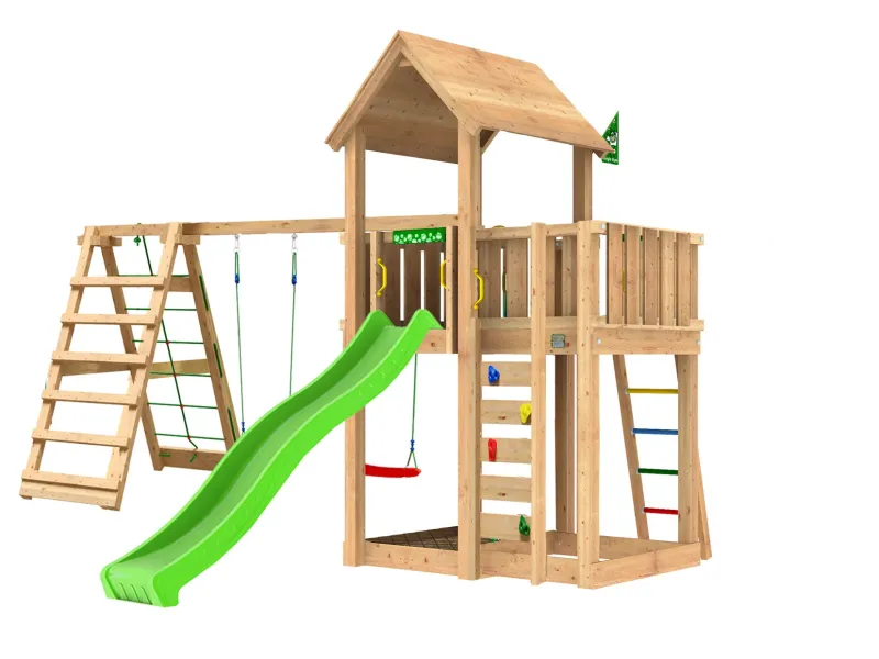 Jungle Gym - Legetårn Jungle Gym Mansion 2.1 m/2-Climb Module 220, grøn rutsjebane og 120 kg sand