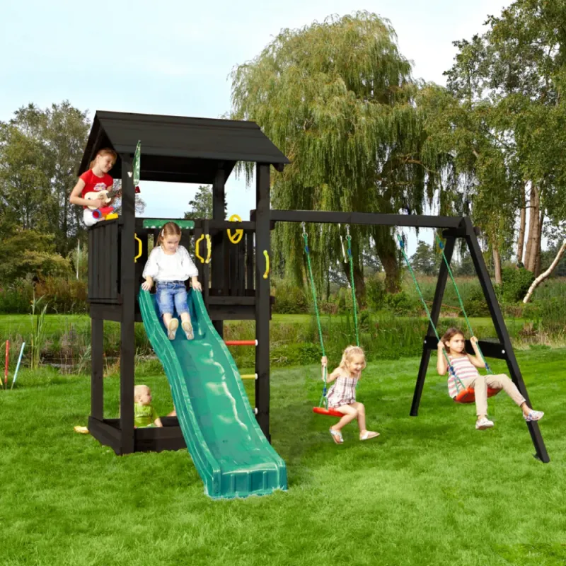 Jungle Gym - Casa 2.1 Legetårn Sort Grundmalet 2-Swing Module Grøn Rutschebane