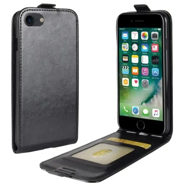 Læder top-flip cover til iPhone 7/8. Sort.