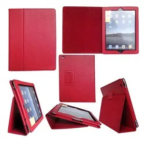 Lædertaske /-holder til iPad 2/iPad 3/iPad 4. Rød.