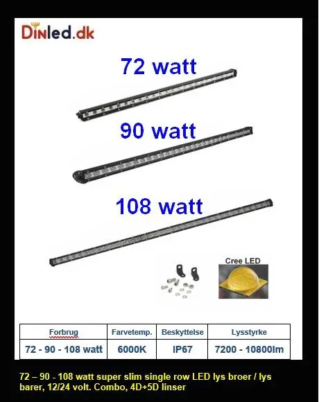 UDSALG - Super slim 36 - 54 - 72 - 90 - 108 - 126 - 144 watt single row LED Lys bro / lys bar - Dinled - Køretøjs projektører