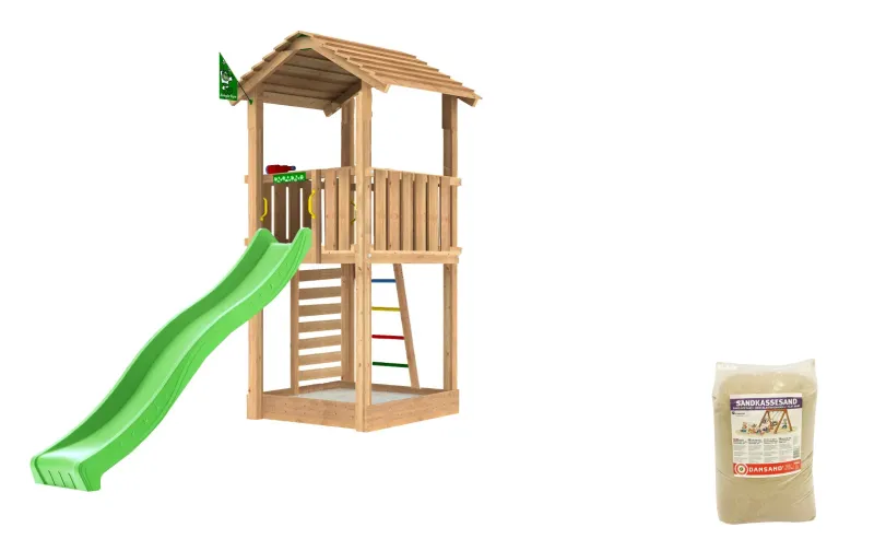 Jungle Gym - Legetårn Jungle Gym Cottage 2.1 m/grøn rutschebane og 120 kg sand