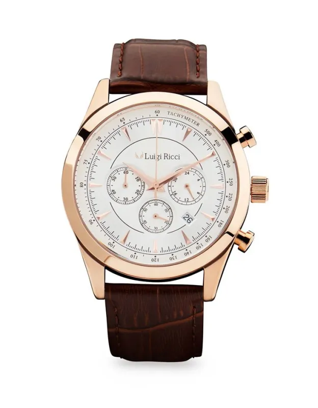 Luigi Ricci Eleganza X10 armbånds ur til mænd & herrer med rosa guld og læder rem