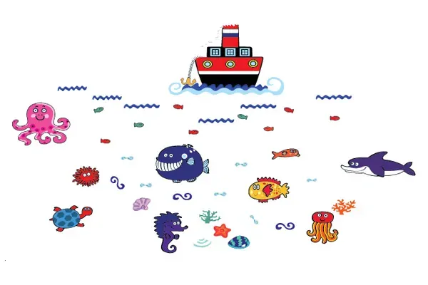 Flot wallsticker med alt godt fra havet. 180x102cm.