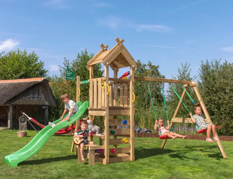 Jungle Gym - Legetårn Jungle Gym Teepee m/2-gyngemodul 200 og grøn rutschebane