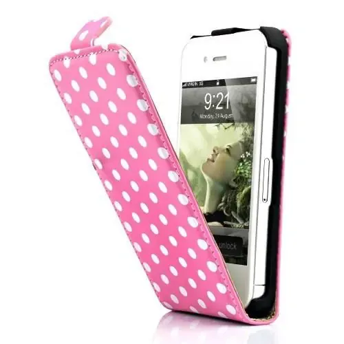 Dots Leather case med magnet flip til iPhone 4/4S. Lyserød.