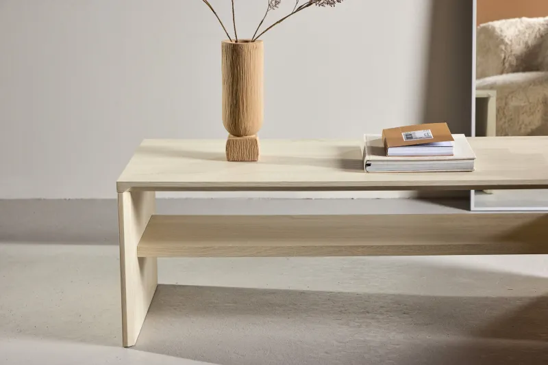 Venture Home - Telemarket  -  sofabord med hylde  -  whitewash MDF  -  110×50×38 cm