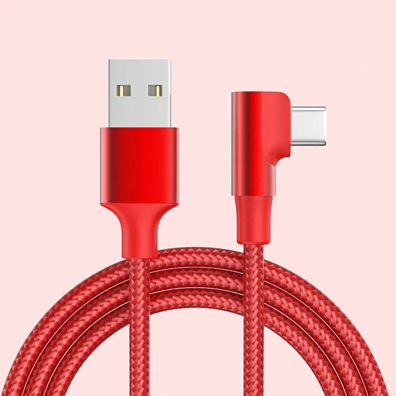 USB-C til USB-A Kabel  -  Flettet, USB-C Stik Vinklet 90° Opladnings- og Datakabel 1m (Rød)