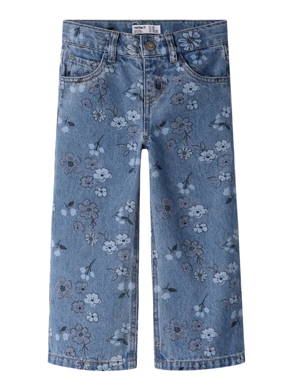 Name It - Rose Wide AOP Jeans - Medium Blue Denim / Flower - 92 cm