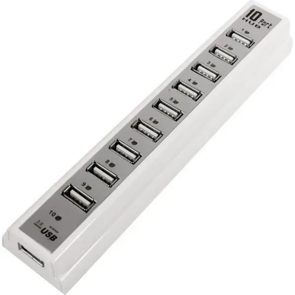 10-Ports USB 2.0 Hi-Speed Hub. Inkl strømforsyning. Hvid