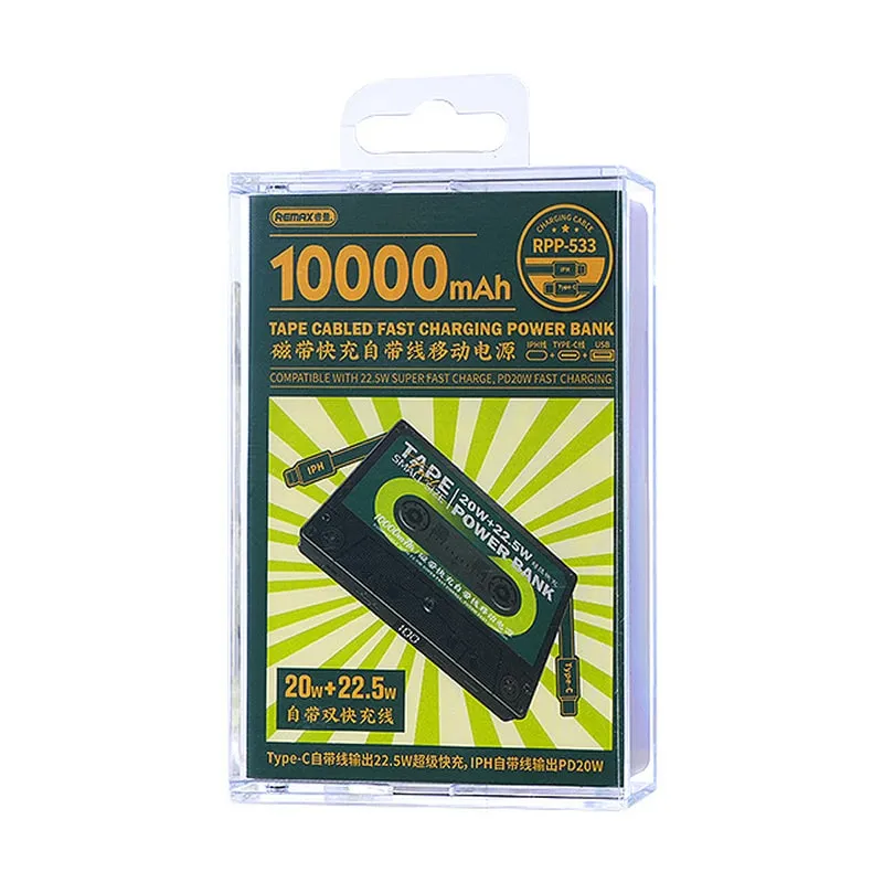 Remax RPP-533 retro kassettebånds Powerbank med USB-C samt lightning kabel. 10000mAh.