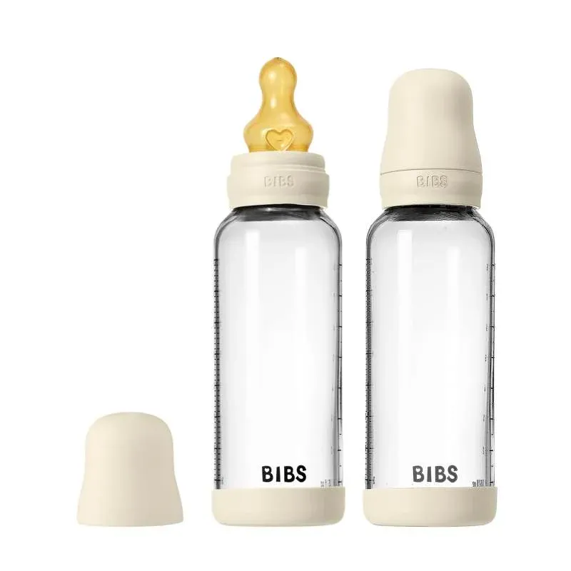 BIBS Bottle - Sutteflaskesæt - Glas - 2-pak - Naturgummi/Medium Flow/Rund - 240ml - Ivory