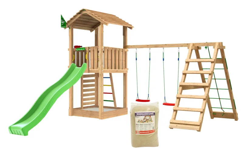Jungle Gym - Legetårn Jungle Gym Cottage 2.1 w/2-Climb Module 220, grøn rutschebane og 120 kg sand