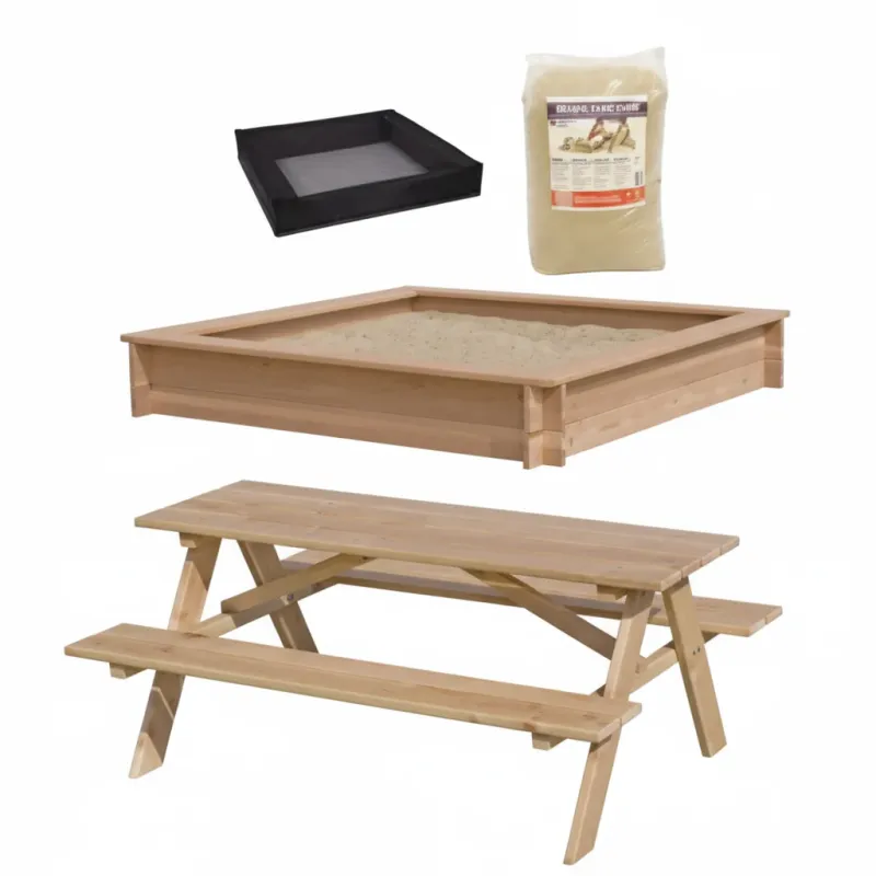 Nordic Play - Sampak sandkasse 150x150 og Bord/Bænk i lærk, Net + 200 kg Sand