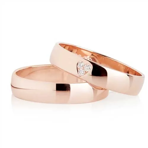 Klassiske Vielsesringe i 8 kt. Rosaguld med Diamanthjerte 0,03 ct - 4 mm