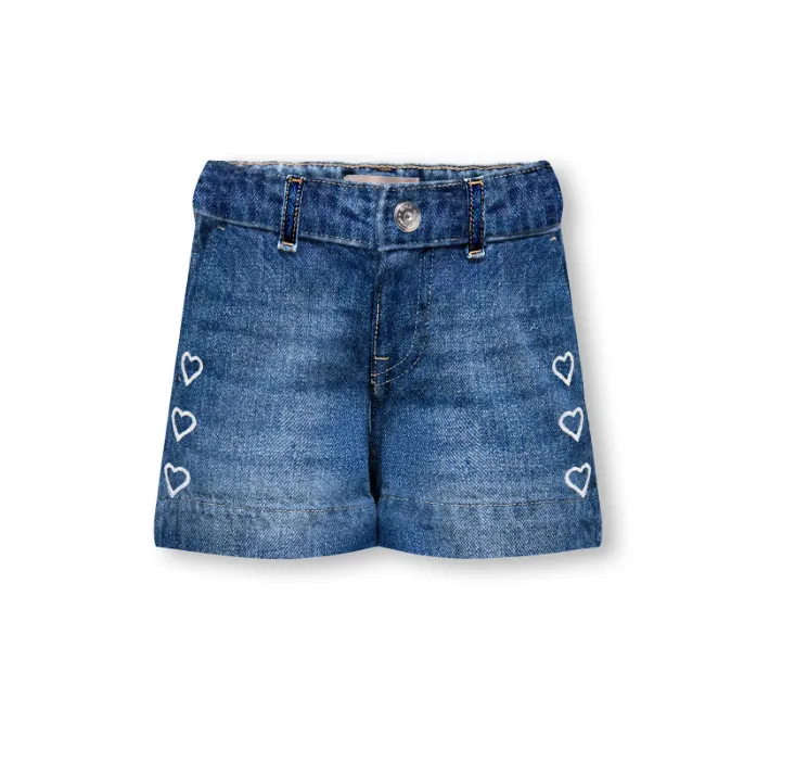 Only Mini Comet Heart Wide Denim Shorts - Medium Blue Denim/Heart - 92 cm