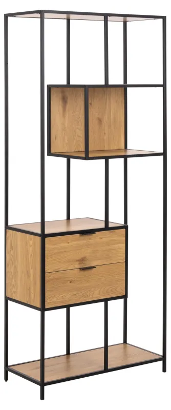 ACT NORDIC Seaford reol, m. 4 hylder og 2 skuffer - mat vild eg ru melam og sort ru stål (77x35x185)