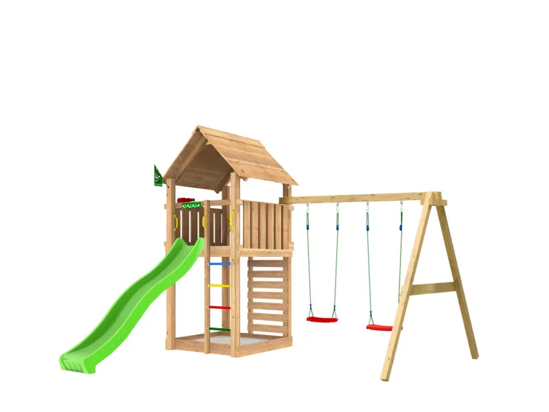 Jungle Gym - Legetårn Cabin 2.1 m/2-Swing Module 220 og grøn rutsjebane