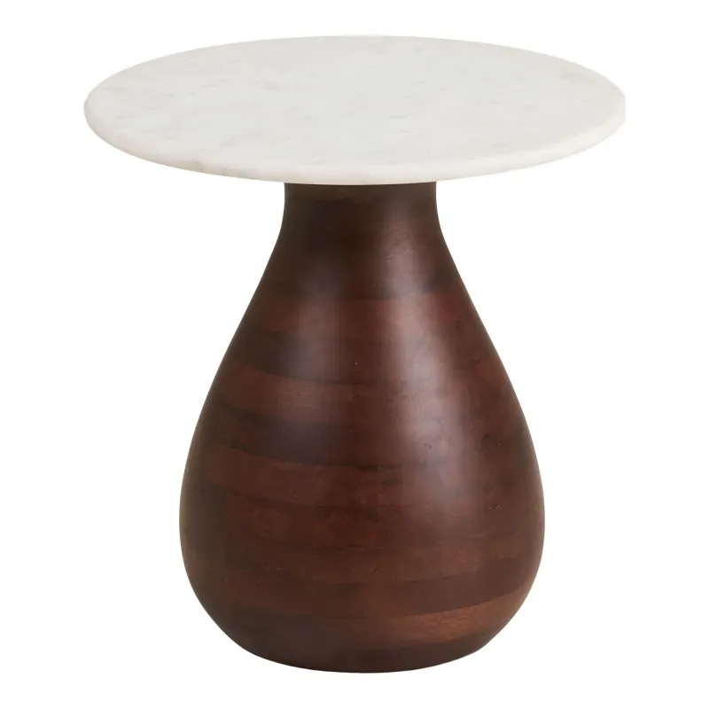 House Nordic - Heide Hjørnebord Marmor/Mangotræ Ø40 cm - Hvid/Mørkebrun
