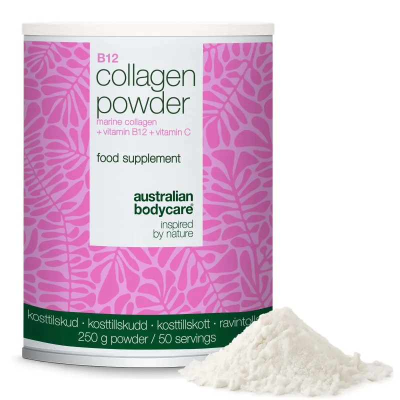 Kollagenpulver med B12 og C-vitamin  -  250 g marinekollagen â Kollagenpulver til daglig brug i mad og drikke. Indeholder marint kollagen, C-vitamin og B12-vitamin.