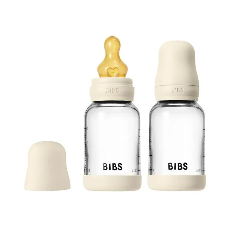 BIBS Bottle - Sutteflaskesæt - Glas - 2-pak - Naturgummi/Slow Flow/Rund - 120ml - Ivory