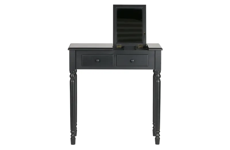 WOOOD Romy make-up bord, m. foldespejl, små rum og 2 skuffer - sort fyrretræ og MDF (75x38)