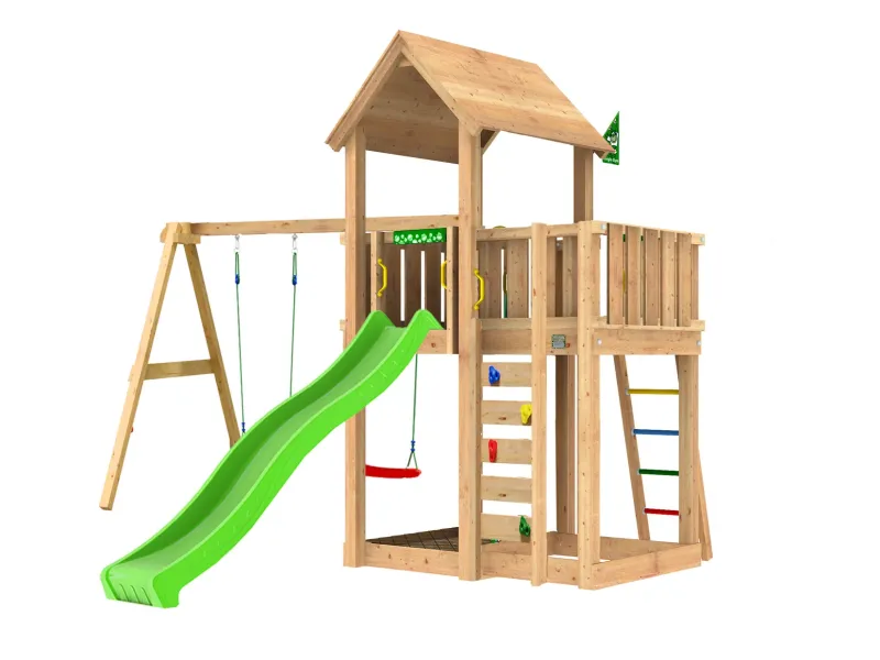 Jungle Gym - Legetårn Jungle Gym Mansion 2.1 w/2-Swing Module 220, grøn rutsjebane og 120 kg sand