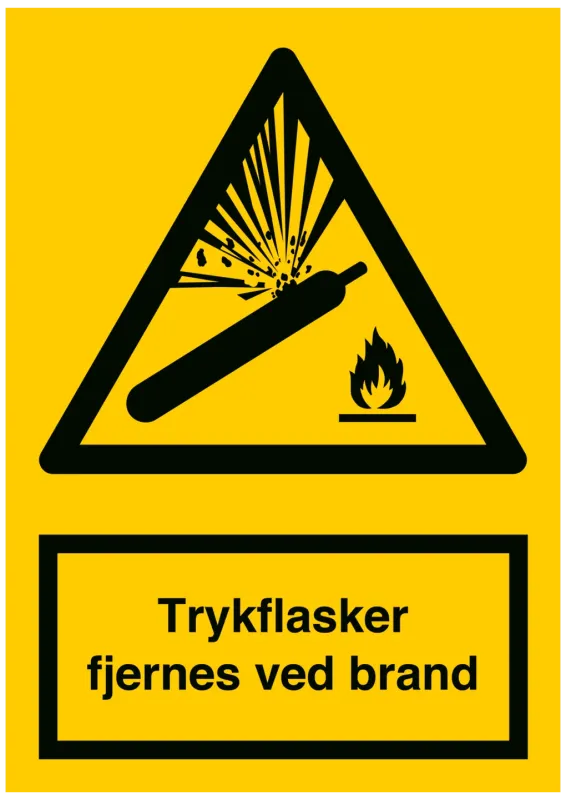 Advarselsskilt "Trykflasker fjernes ved brand" med piktogram og tekst.