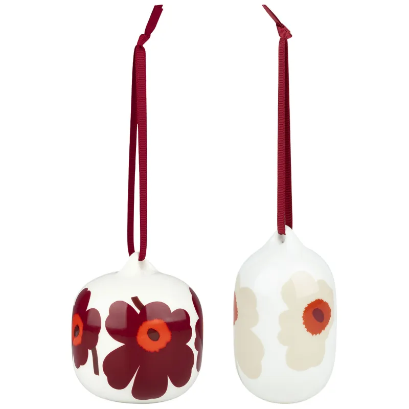 Marimekko Unikko Julekugle, hvid/rød/beige. 2 stk.