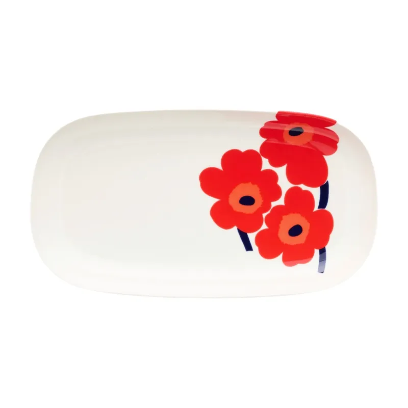Marimekko Unikko serveringsfad 17 × 32 cm, hvid/rød/blå