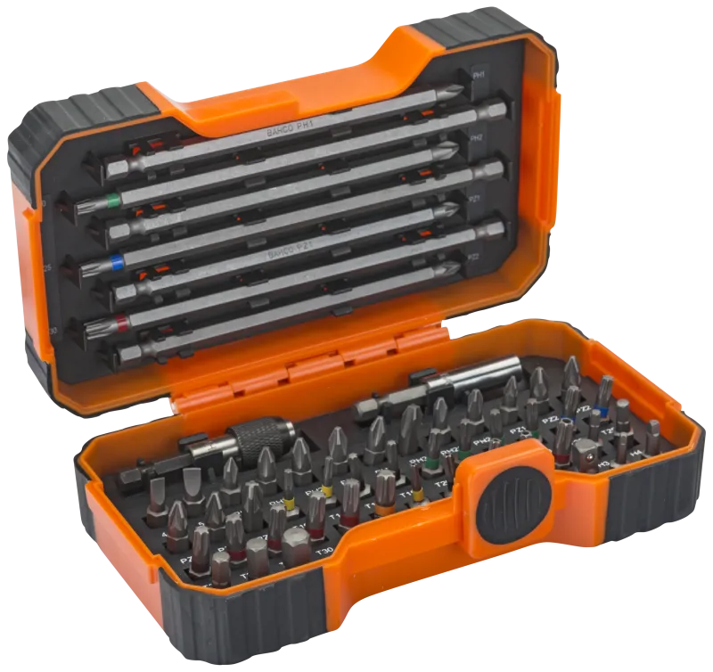 Bitssæt 1/4" 6kt. m/farvekodede korte bits, 54dele