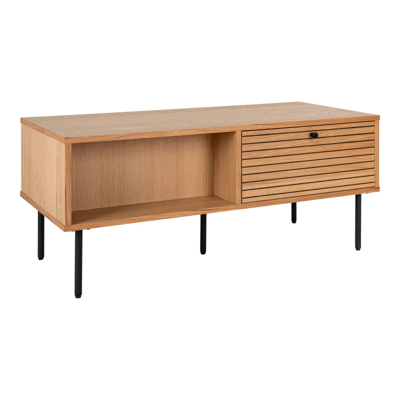 HOUSE NORDIC Sofabord, egefiner, sorte metalben, 2 skuffer, 50x100x45 cm