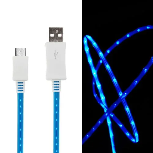 LED lys MICRO-USB / USB Opladekabel. 1 m. Blå.