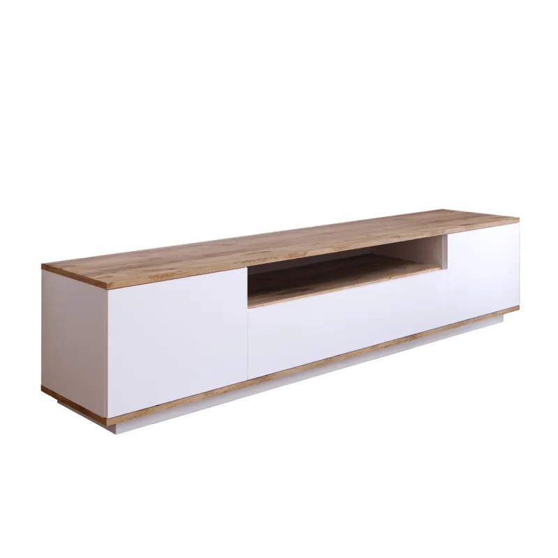 NORDVÄRK FR7 TV-bord, m. 3 låger og 1 hylde - natur og hvid melamin (180x44,5)