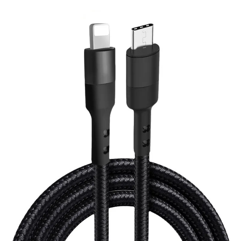 Flettet USB-C til Lightning-kabel. 9V, 20W hurtig opladning. Sort. 2 m.