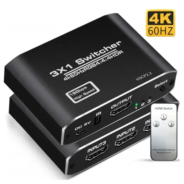 HDMI 3 i 1 switch med fjernbetjening. 3 in-1 out. 4K 60Hz & 3D.