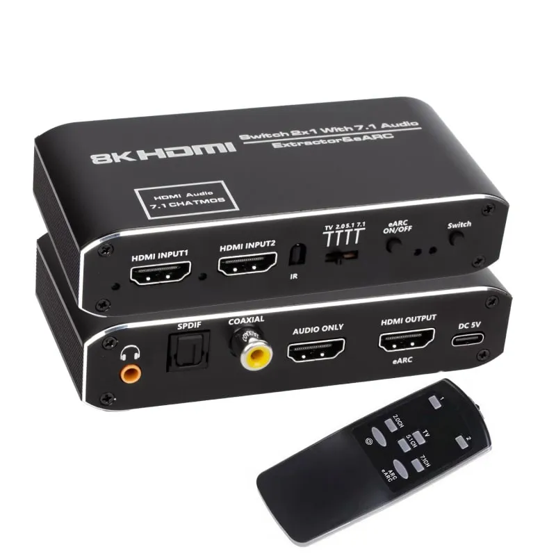 HDMI 2.1 Switch med lydudtræk (Audio Extractor)  -  ARC/eARC  -  8K/30Hz & 4K/120Hz  -  Optisk & Coaxial lydudgang